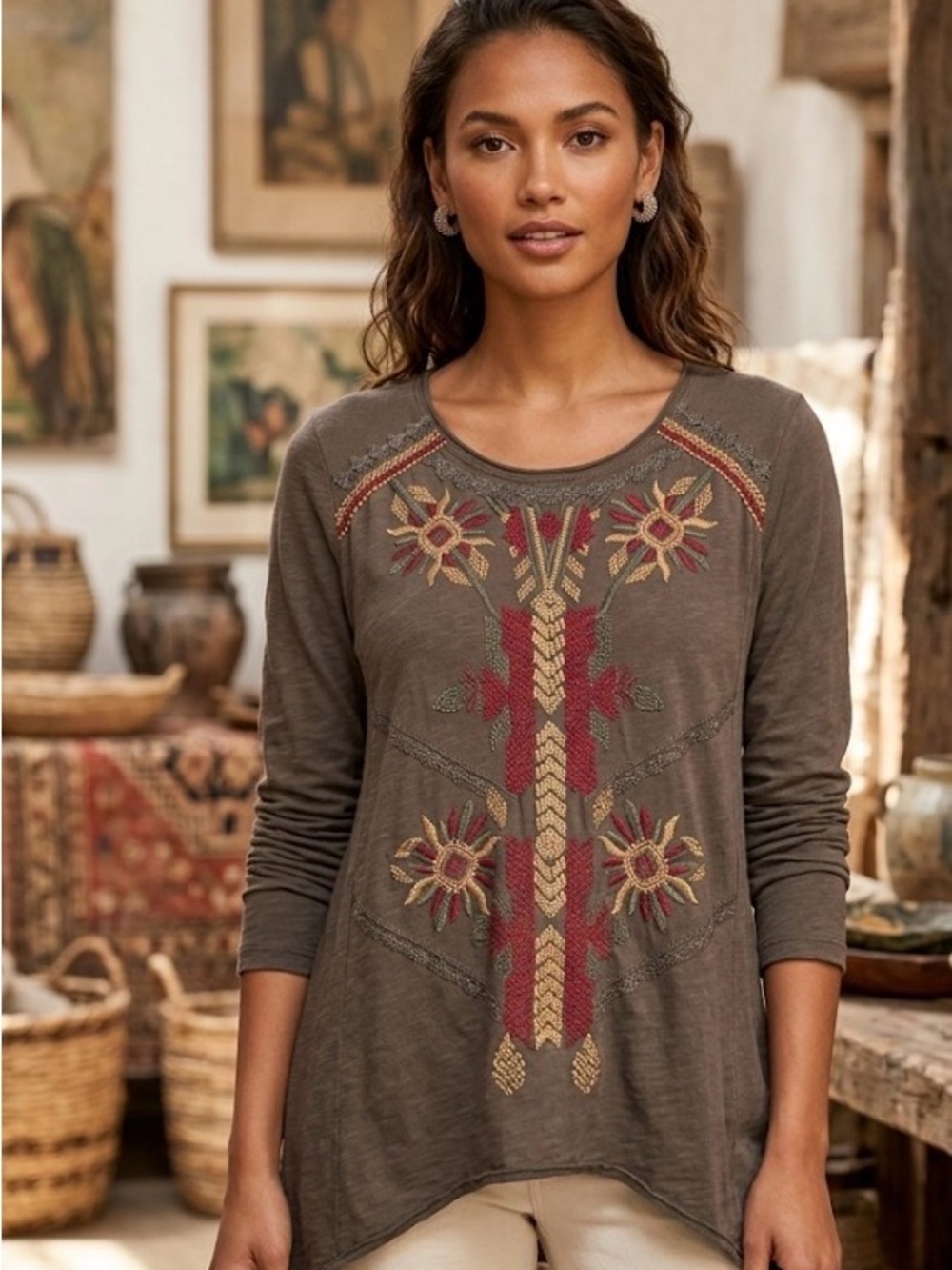 Johnny Was Embroidered Boho Long Sleeve Top in Olive ,Red &Gold Accents size M